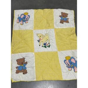 Yellow-White Baby Blanket with Cute Plush Animals, Nursery, Bedding,